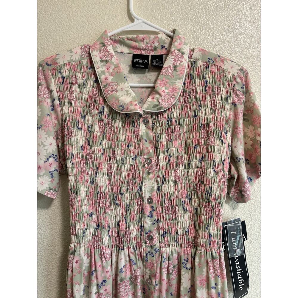 Vintage Erika Midi Dress 90’s Floral Smocked Button Front Tie Waist NWT Size M - Picture 4 of 11